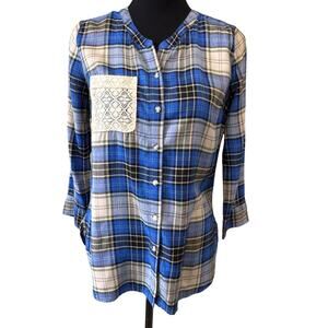NEW LUCKY BRAND Womem's Blue Plaid Crochet Button Up Shirt Size XS